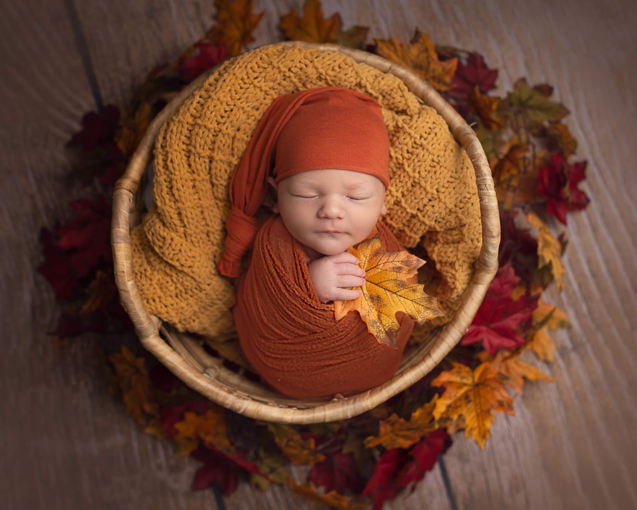 pediatric speech therapists in akron OH in blog photo of adorable newborn swaddled in a dark orange blanket inside a basket surrounded by leaves