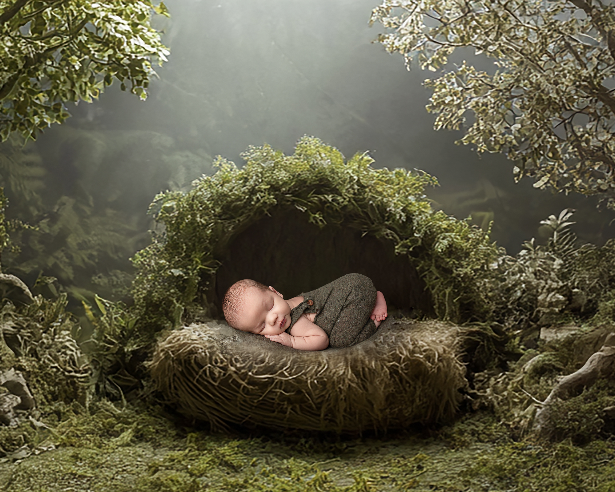 Sleeping newborn posed in a mossy woodland nest during Akron newborn photography session