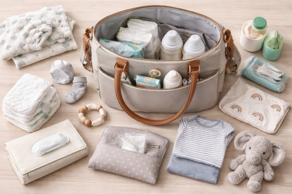 Newborn diaper bag essentials packed inside a diaper bag including diapers, wipes, bottles, baby clothes and blanket